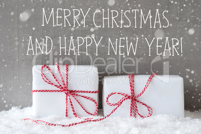 Two Gifts With Snowflakes, Merry Christmas And Happy New Year