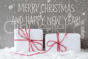 Two Gifts With Snowflakes, Merry Christmas And Happy New Year