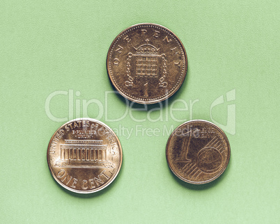 Vintage Dollars, Euro and Pounds - 1 Cent, 1 Penny