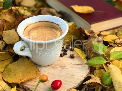 Delicious cup of coffee on a wooden stump among fallen yellow le