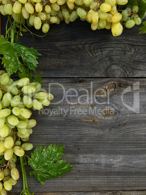 Bunches of grapes frame on gray wooden background