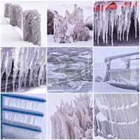 Photo collage of cold winter days with many icicle