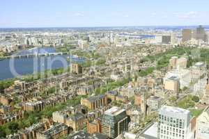 Aerial view of Boston City Skyline in the Boston Harbor where th