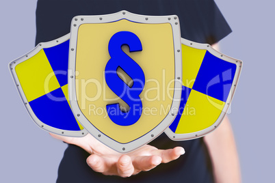 Hand holding protective shield with sign