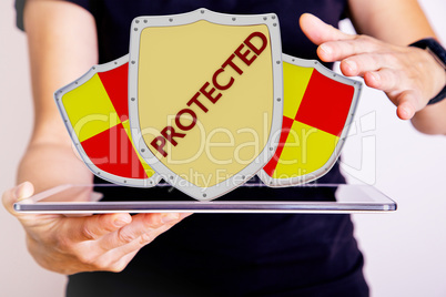 Hand holding tablet pc with protective shield