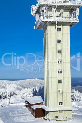 View from Keilberg with tower to Fichtelberg in winter