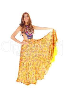 Tall young woman in yellow skirt.