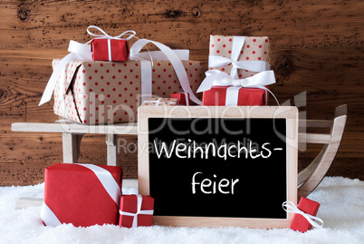 Sleigh With Gifts On Snow, Weihnachtsfeier Means Christmas Party