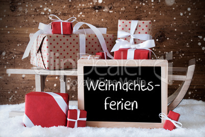 Sleigh With Gifts, Snow, Snowflakes, Weihnachtsferien Means Chri