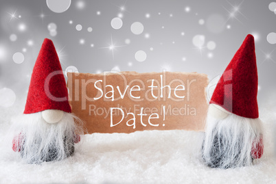 Red Gnomes With Snow, Text Save The Date