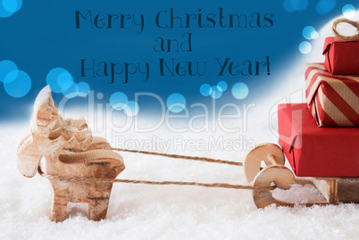 Reindeer With Sled, Blue Background, Merry Christmas And New Year