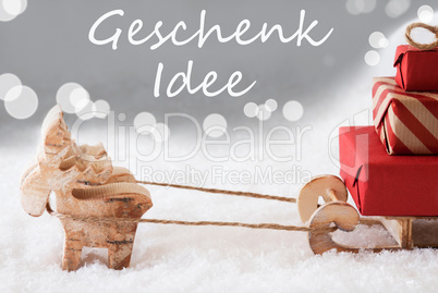 Reindeer With Sled, Silver Background, Geschenk Idee Means Gift Idea