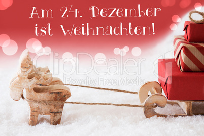 Reindeer With Sled, Red Background, Weihnachten Means Christmas