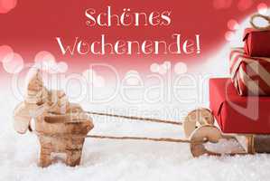 Reindeer With Sled, Red Background, Schoenes Wochenende Means Happy Weekend