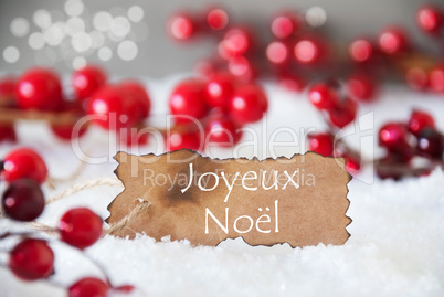 Burnt Label, Snow, Bokeh, Text Joyeux Noel Means Merry Christmas