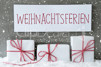 White Gift With Snowflakes, Weihnachtsferien Means Christmas Break