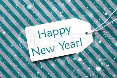 Label On Turquoise Paper, Snowflakes, Text Happy New Year