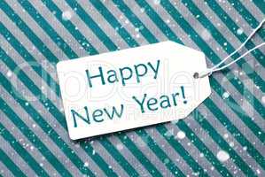 Label On Turquoise Paper, Snowflakes, Text Happy New Year