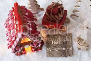 Gingerbread House, Sled, Snow, Herzlich Willkommen Means Welcome