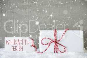 Gift, Cement Background With Snowflakes, Weihnachtsferien Means Christmas Break