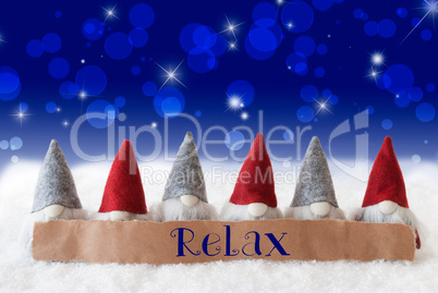 Gnomes, Blue Background, Bokeh, Stars, Text Relax