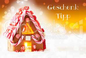 Gingerbread House, Golden Background, Geschenk Tipp Means Gift Tip