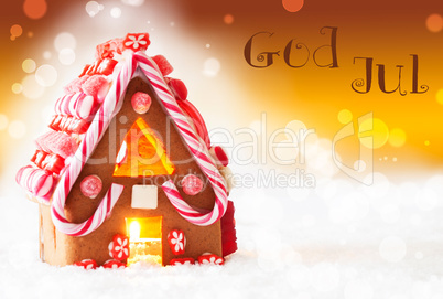 Gingerbread House, Golden Background, God Jul Means Merry Christmas