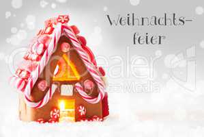 Gingerbread House, Silver Background, Weihnachtsfeier Means Christmas Party