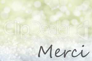 Golden Bokeh Christmas Background, Snow, Merci Means Thank You