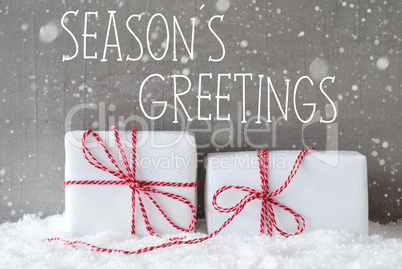 Two Gifts With Snowflakes, Text Seasons Greetings