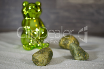 Grüner Frosch im Sand mit Steinen