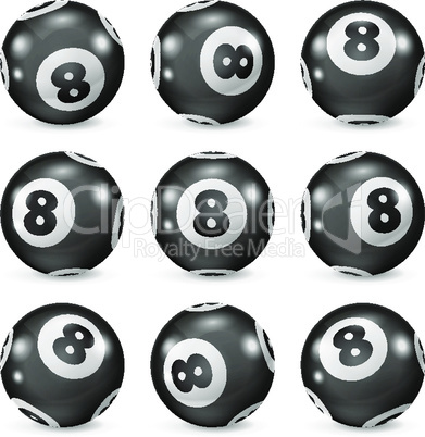 Set of billiard balls eights from different angles