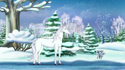 Magic Unicorn in a Winter Forest