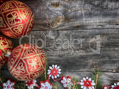 Christmas wooden background with toys for Christmas tree decorat