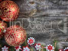 Christmas wooden background with toys for Christmas tree decorat