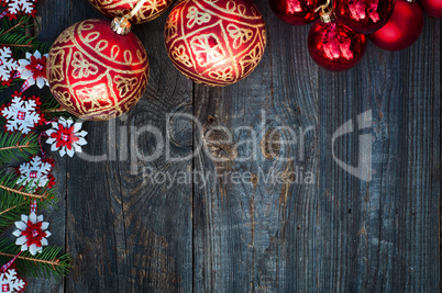 New Year and Christmas background with toys and spruce branches