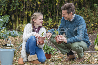 Happy Family Man Girl Child Father Daughter Gardening