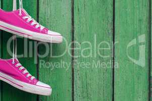 pair of bright pink sports sneakers hanging on a wooden wall cra