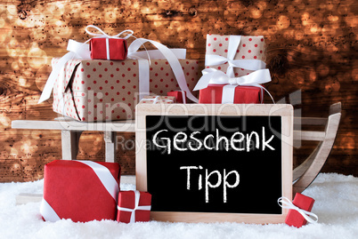 Sleigh With Gifts, Snow, Bokeh, Geschenk Tipp Means Gift Tip
