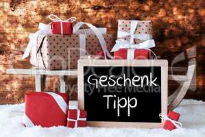Sleigh With Gifts, Snow, Bokeh, Geschenk Tipp Means Gift Tip