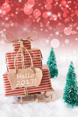 Vertical Christmas Sleigh On Red Background, Text Hello 2017