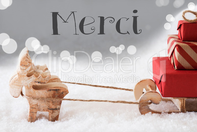 Reindeer With Sled, Silver Background, Merci Means Thank You