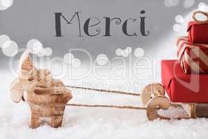 Reindeer With Sled, Silver Background, Merci Means Thank You