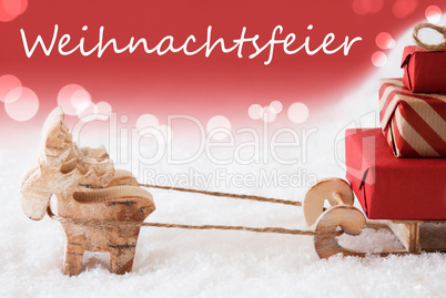 Reindeer With Sled, Red Background, Weihnachtsfeier Means Christmas Party
