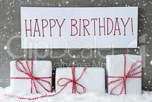 White Gift With Snowflakes, Text Happy Birthday