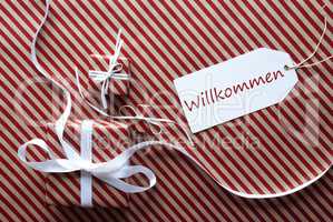 Two Gifts With Label, Willkommen Means Welcome
