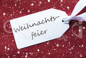 Label On Red Background, Snowflakes, Weihnachtsfeier Means Christmas Party