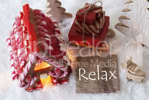 Gingerbread House, Sled, Snow, Text Relax