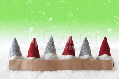 Gnomes, Green Background, Snowflakes, Copy Space