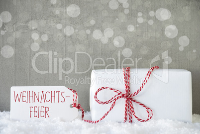 Gift, Cement Background With Bokeh, Weihnachtsfeier Means Christmas Party